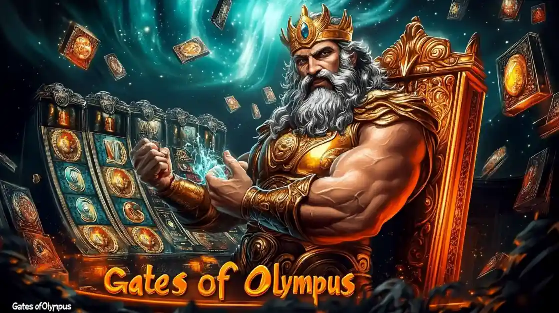 A majestic Zeus figure on a golden throne, surrounded by floating cards and a 1111bet slot machine, with Gates of Olympus prominently displayed, inviting players to a mythical gaming experience.