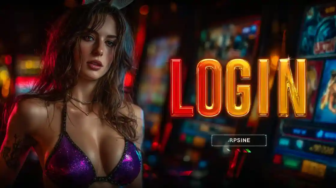 A captivating woman stands beside a LOGIN interface, with 1111bet slot machines softly blurred in the background, inviting users to enter the world of 1111bet.