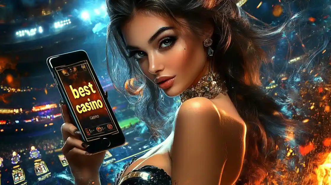 A woman holding a phone showcasing the 1111bet casino app in a vibrant stadium-like setting.