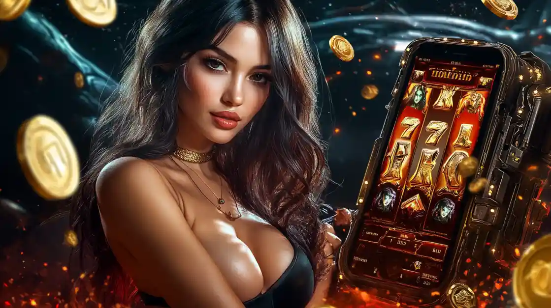 A confident woman holds a smartphone displaying a 1111bet mobile slot game with 777 symbols and golden coins.